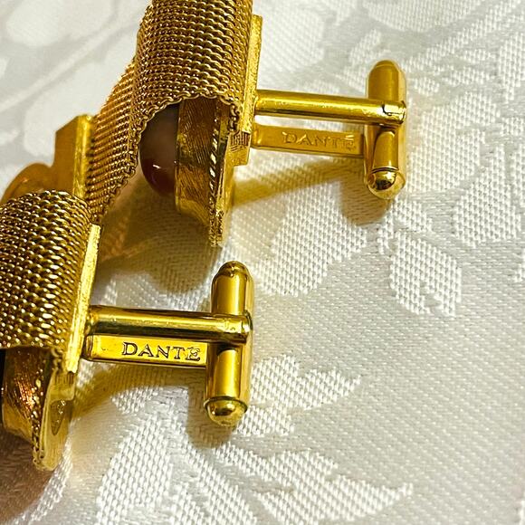 Vintage 70s DANTE Oval Banded Agate Cufflinks Cabochon Gold Tone Cuff Links - Picture 9 of 9